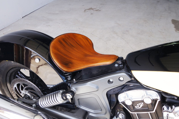 Color Gel Tan, Quality leather tractor motorcycle seat and spring solo mounting kits made in the USA and handcrafted by Rich Phillips Leather in Missouri.  Fits all Indian Scout models and one of the best and most comfortable seats is our Tractor Seat and fits amazing on the Indian Scout models.
