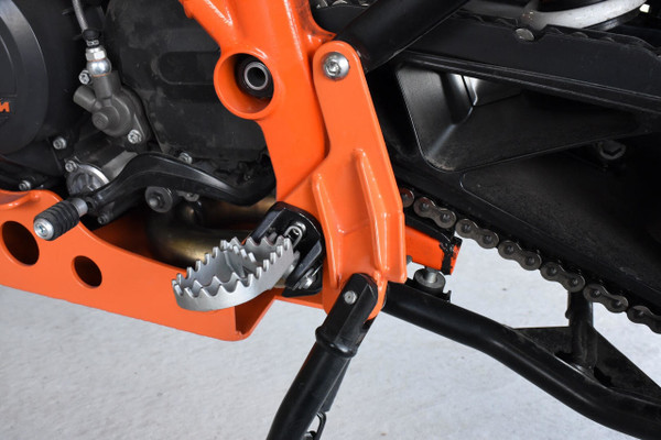 Sidestand Relocated on an orange KTM Adventure motorcycle