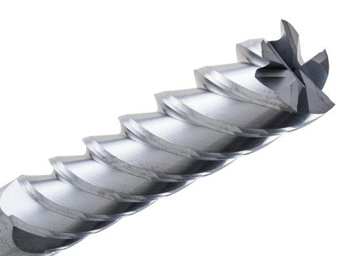 CGS Tool EF-5 Tornado Series Finishing End Mills 45039-TiCN, close-up view of a high-precision, shiny metallic cutting end mill with spiral flutes for industrial machining.