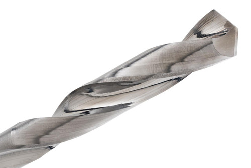 Solid Carbide Drills 507-0430, close-up of a shiny, metallic drill bit with a twisted flute design.