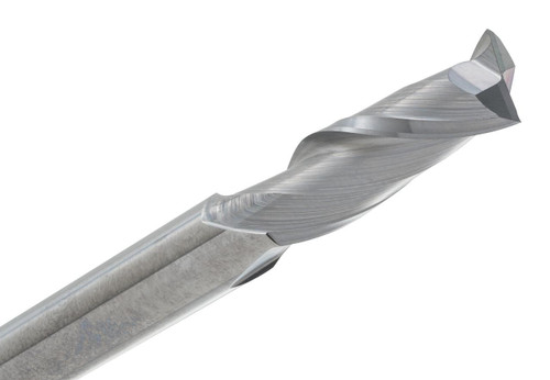 Metric End Mills M120-020, close-up view of a precision metal cutting tool with a twisted flute design.