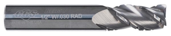 CGS Tool Beast Series Roughing End Mills CR1306, close-up of the cylindrical end mill with sharp, spiral cutting edges designed for metalworking and machining.