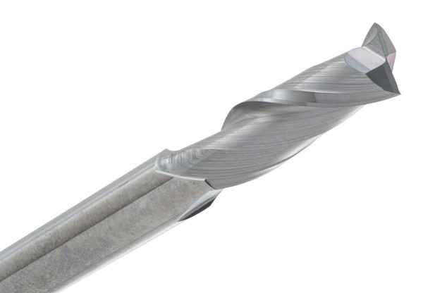 Metric End Mills M120-030, close-up view of the metal cutting tool with a spiral flute designed for precision machining.