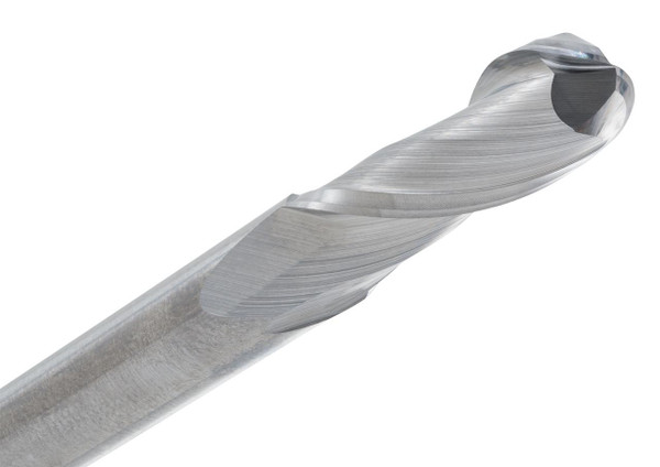 Metric End Mills M122-060-BN, detailed close-up of a metallic end mill cutting tool with a sharp, precisely machined cutting edge.