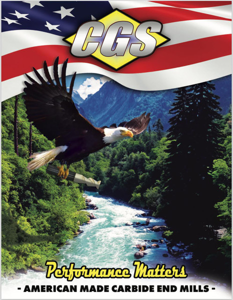 CGS Product Catalog 2025, American made carbide end mills with a mountain river landscape, American flag background, and a flying eagle carrying a tool.