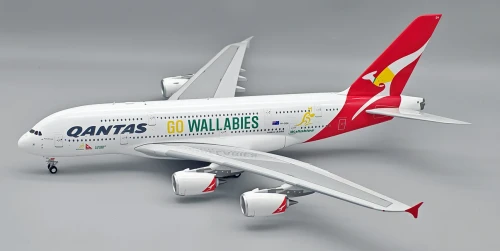 InFlight200 Qantas Airbus A380 Reg: VH-OQH with stand "GO WALLABIES" IF380QF0926 1:200 with stand