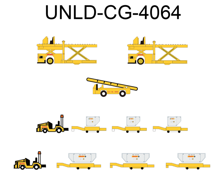 Fantasy Wings DHL GSE Cargo Loaders, Tows, Dollies and Container set UNLD-CG-4064 1:400