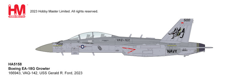 Hobby Master EA-18G Growler VAQ-124, USS Gerald R. Ford, 2023, (with 2 x Next Generation Jammer (NGJ) HA5158 1:72