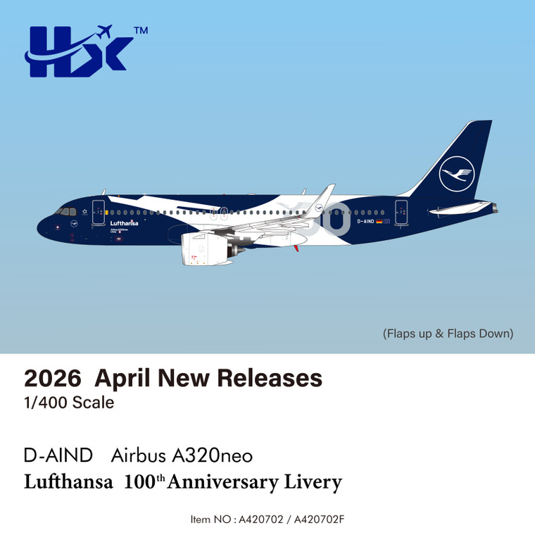 HX Models Lufthansa A320NEO "Flaps Down" "100 Years" Reg: D-AIND A420702F Scale 1:400