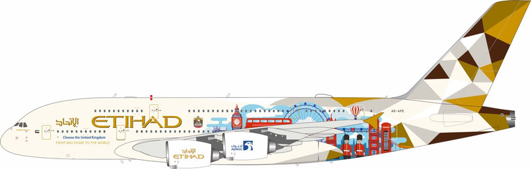 InFlight200 Etihad Airways Airbus A380 Reg: A6-APE “Choose the United Kingdom" livery with stand, LIMITED IF380EY0826 1:200 with stand