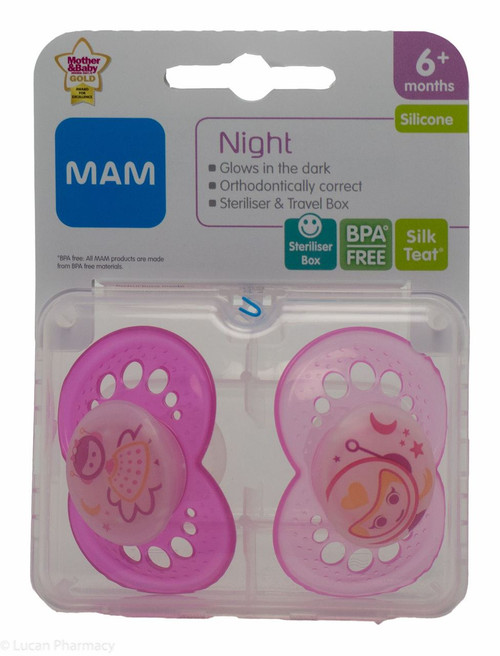 MAM Night Soothers 2-6+ Months Pack of 2, Glow in the Dark Baby Soothers with Self