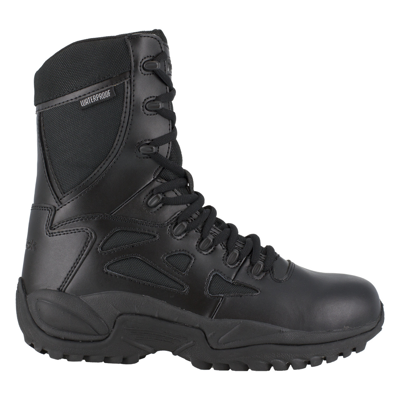 REEBOK WOMEN'S WP BLACK 8" STEALTH BOOT SIDE ZIP SOFT TOE BOOTS RB877