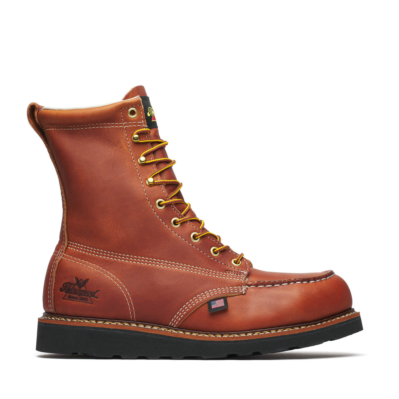 THOROGOOD AMERICAN HERITAGE 8″ TOBACCO STEEL MOC TOE BLK WEDGE BOOTS 804-4288