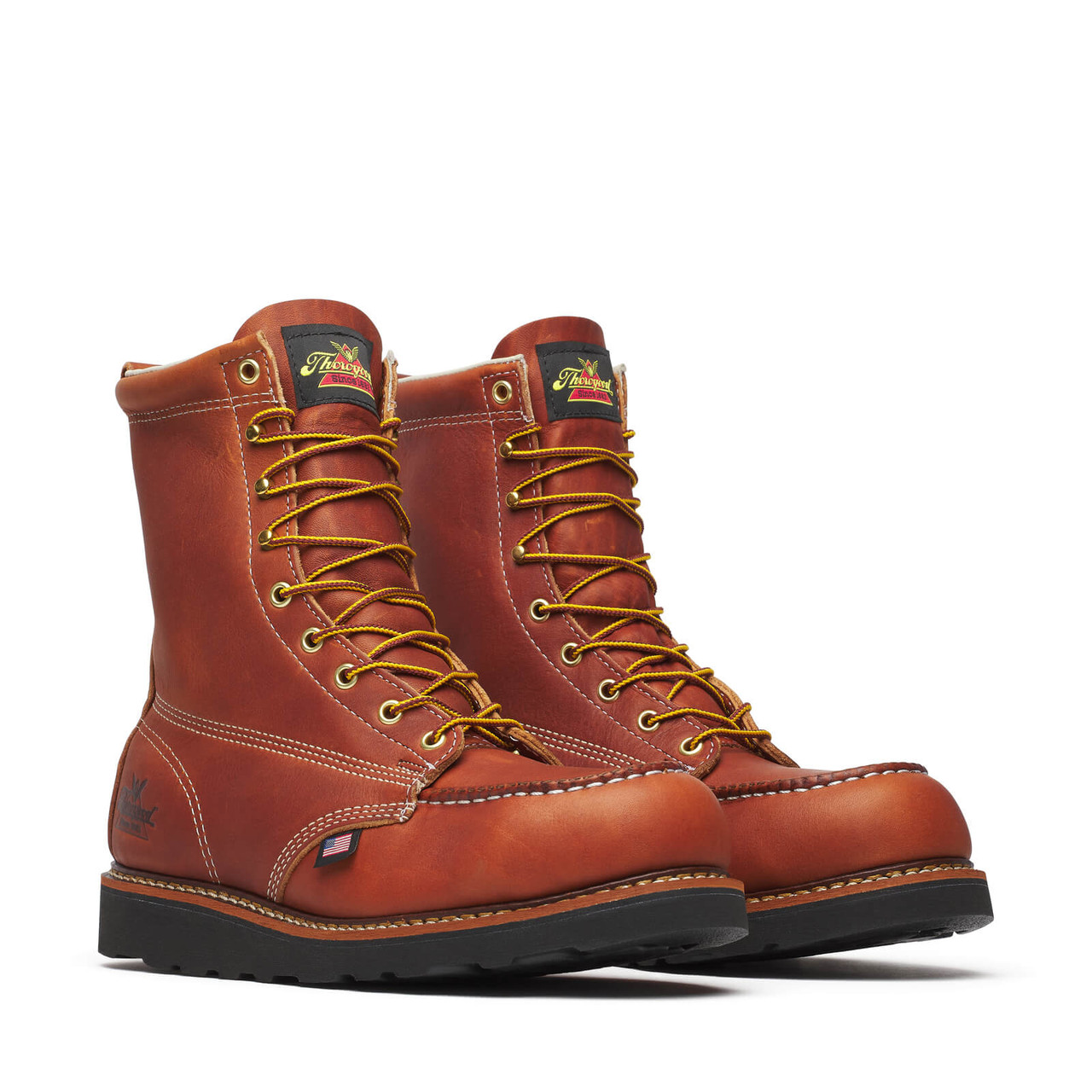 THOROGOOD AMERICAN HERITAGE 8″ TOBACCO STEEL MOC TOE BLK WEDGE BOOTS 804-4288