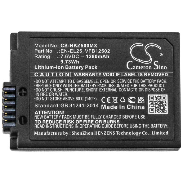 Battery for Nikon Z FC Mirrorless Z30 Z50 ZFC EN-EL25 VFB12502 CS-NKZ500MX 7.6v