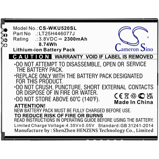 Battery for Wiko LT25H446077J RIDE 2 U520AS SmartPhone CS-WKU520SL 3.8V Li-ion