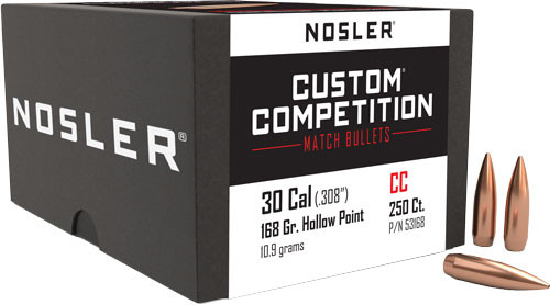 Nosler HP-BT Custom Compensator 250C 30 Cal .308 168gr Bullets, 250 Count - 53168