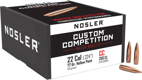 Nosler HP-BT Custom Compensator 22 Cal .224 77gr Bullets, 250 Count - 53064