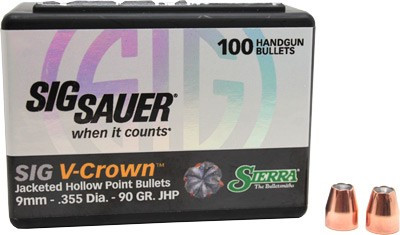 SIERRA BULLETS 9MM .355 90GR JHP SIG V-CROWN 100CT