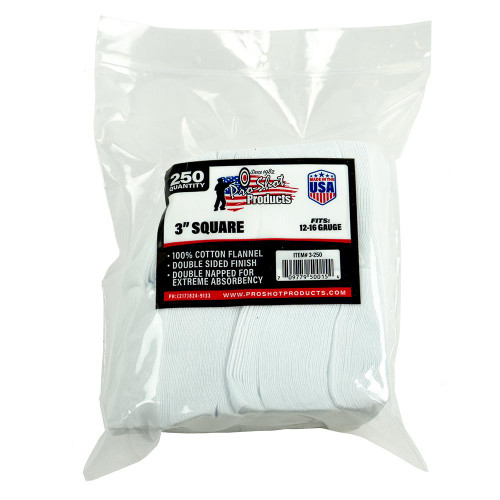 Pro-Shot Cleaning Patches 12-16 Gauge 3" Square Cotton Flannel 250 Pack - 3-250