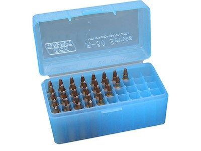 MTM R-50 Series Small Rifle Ammo Box 50 Round Clear Blue - RSS5024