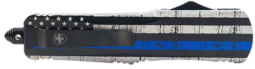 Templar Knife Gen II Back The Blue Large 3.50" OTF Tanto Part Serrated Black Oxide Stonewashed 440C SS Blade, 5.50" B&W US Flag w/Blue Line Aluminum Handle, Glass Breaker