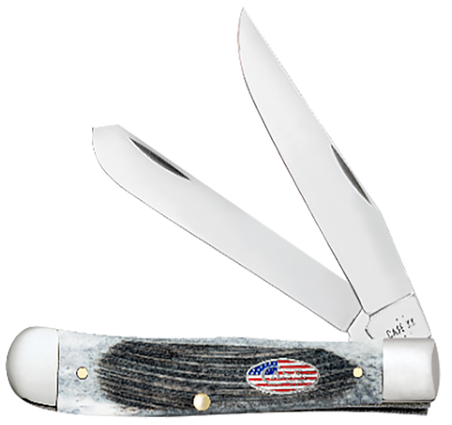 Case Trapper Stars & Stripes 3.24"/3.27" Folding Clip Point/Spey Plain Mirror Polished Tru-Sharp SS Blade, Sawcut Jig Gray Bone Handle, American Flag Shield