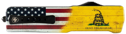 Templar Knife Premium LW Don't Tread On Me Small 3" OTF Drop Point Plain Black Oxide Stonewashed Powder Coated D2 Steel Blade, 4.50" Yellow w/Flag & "Don't Me" Aluminum Handle
