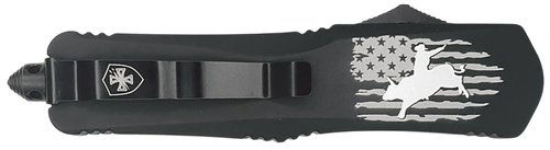 Templar Knife Gen II Eight Seconds Slim 3.43" OTF Tanto Plain Black Oxide Stonewashed 440C SS Blade, 5.05" w/US Flag, Bull Rider Aluminum Handle, Glass Breaker