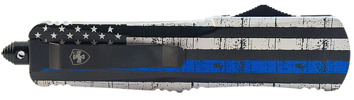 Templar Knife Gen II Back The Blue Slim 3.43" OTF Dagger Plain Black Oxide Stonewashed 440C SS Blade, 5.05" & White w/Blue Line Aluminum Handle, Glass Breaker