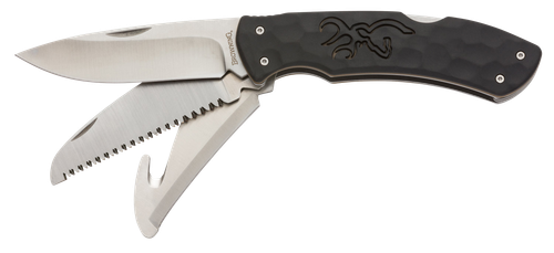 Browning Primal Kodiak Slim 3.75" Folding Drop Point/Gut Hook/Saw 8Cr13MoV Stainless Blade Black Polymer w/Rubber Overmold Handle Includes Nylon Belt Pouch