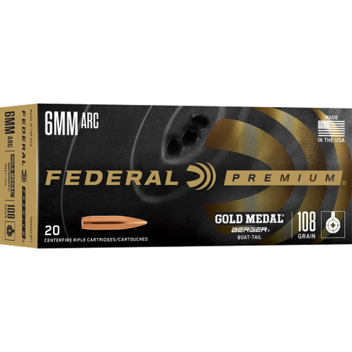 Federal Premium Gold Medal Rifle Ammo 6mm ARC 108 gr. Berger Boat-Tail 20-Round