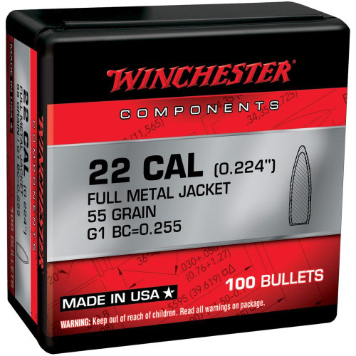 Winchester Bulk Components Centerfire 5.56 NATO FMJ .224 55gr Bullets, 100 Count - WB556MC55X