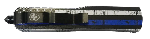 Templar Knife Gen II Back The Blue Slim 3.43" OTF Drop Point Plain Black Oxide Stonewashed 440C SS Blade, 5.05" & White w/Blue Line Aluminum Handle, Glass Breaker