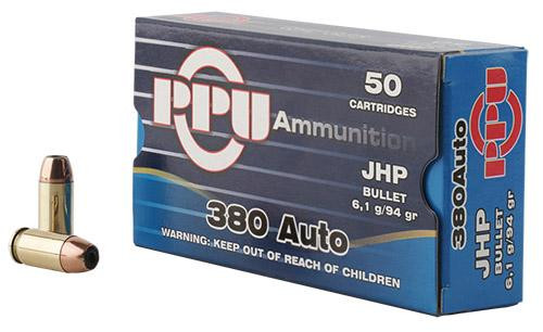 PPU Handgun Ammunition .380 ACP 94 gr JHP 50/ct