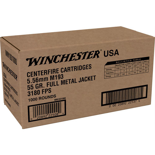 Winchester USA Lake City M193 Rifle Ammunition 5.56X45 NATO 55 gr. FMJ 1000/ct (Bulk)