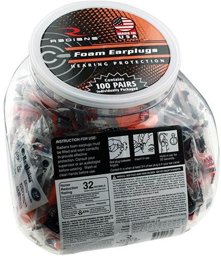 Radians 100 pairs of Uncorded Foam Earplugs/ct in a Jar