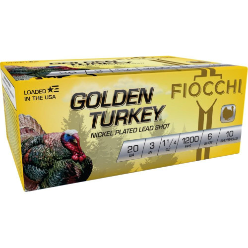 Fiocchi Golden Turkey Nickel plated Shotshells 20ga 3" 1-1/4oz #6 10/ct