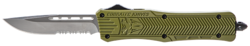 CobraTec Knives CTK-1 Medium 3" OTF Drop Point Part Serrated D2 Steel Blade/OD Green Aluminum Handle Features Glass Breaker Includes Pocket Clip