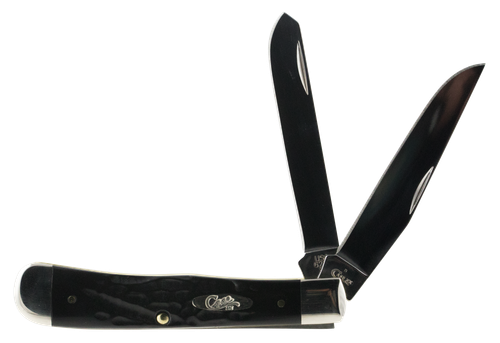 Case Trapper 3.25"/3.27" Folding Clip Point/Spey Plain Mirror Polished Tru-Sharp Stainless Blade Rough Black Jigged Synthetic Handle