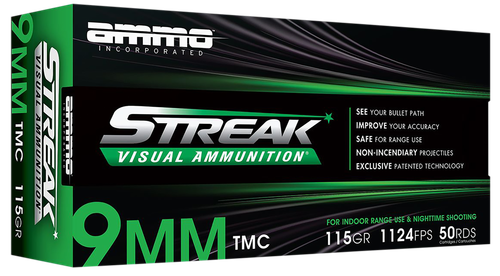Ammo Inc Streak Visual (Green) /20 9mm Luger Ammo 115gr TMJ 50 Rounds - 9115TMCSTRKGRN50