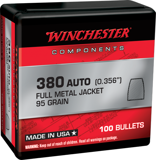 Winchester Centerfire Handgun Reloading 380 ACP 95gr Full Metal Jacket 100 Count - WB380MC95X