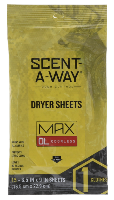 Scent-A-Way Max Dryer Sheets Odor Eliminator Odorless Sheet 15 Per Pkg