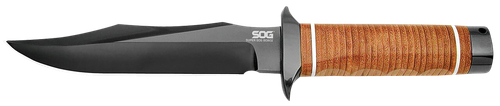 S.O.G Super 7.50" Fixed Bowie Plain Black Hardcased TiCN AUS-8A Stainless Blade Brown Stacked Leather Washers w/Cross Guard Handle Includes Sheath