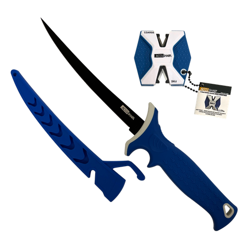 AccuSharp Fillet w/Sharpener 6.50" Fixed Plain Satin Titanium Coated Stainless Steel Blade/Royal Blue Ergonomic Anti-Slip Rubber Handle Includes 2-Step