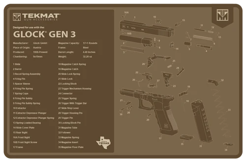 Beck TEK Llc TekMat Glock Gen 3 Cleaning Mat Flat Dark Earth 11"x17" 3 Parts - TEKR17GLOCKG3FDE