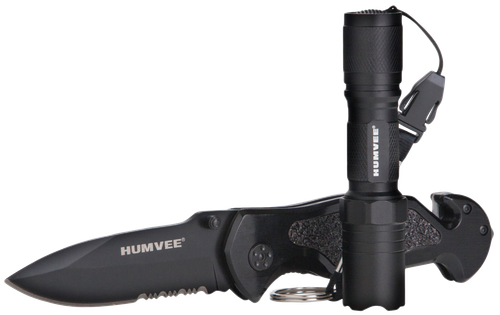 Humvee Adventure Gear Rescue Combo 3.25" Folding Spear Point Part Serrated Stainless Steel Blade Black Aluminum Handle Features Glass Breaker/Pocket Clip/Seatbelt Cutter