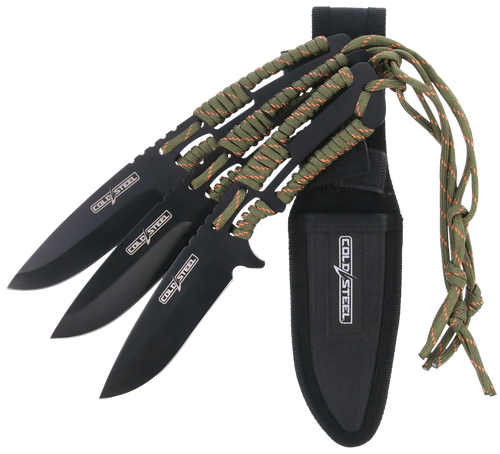 Cold Steel Throwing Knives Set of 3 4.40" Fixed Clip Point Plain Black Oxide 420 Stainless Blade Paracord Wrap Handle