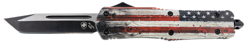 Templar Knife Gen II Wood US Flag Large 3.50" OTF Tanto Plain Black Oxide Stonewashed 440C Stainless Blade 5.25" Painted Grain Aluminum Handle Glass Breaker