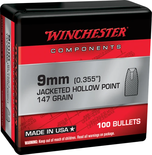 Winchester Centerfire Handgun Reloading 9mm Luger 147gr Jacketed Hollow Point - WB9JHP147X